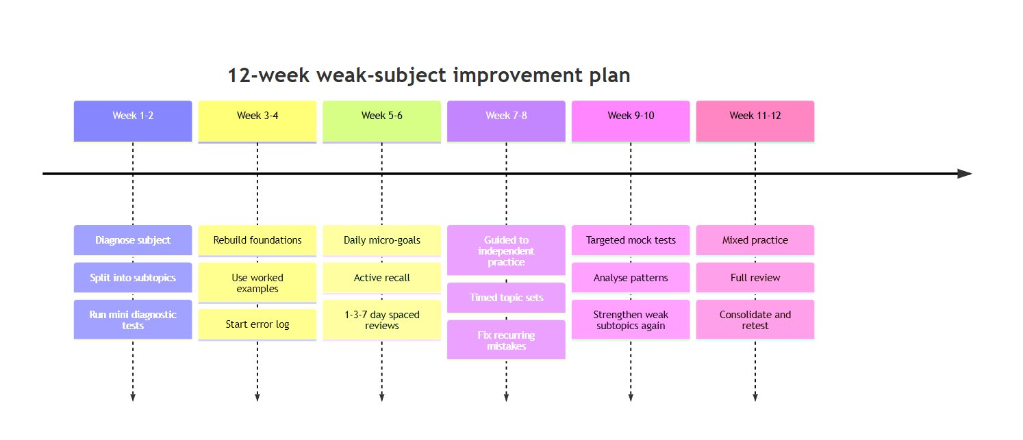 Twelve-week weak-subject improvement timeline: weeks 1-2 diagnose the subject, split it into subtopics and run mini diagnostic tests; weeks 3-4 rebuild foundations with worked examples and an error log; weeks 5-6 daily micro-goals, active recall and 1-3-7 day spaced reviews; weeks 7-8 move from guided to independent practice with timed topic sets and fixing recurring mistakes; weeks 9-10 targeted mock tests and pattern analysis; weeks 11-12 mixed practice, full review, consolidation and retesting.