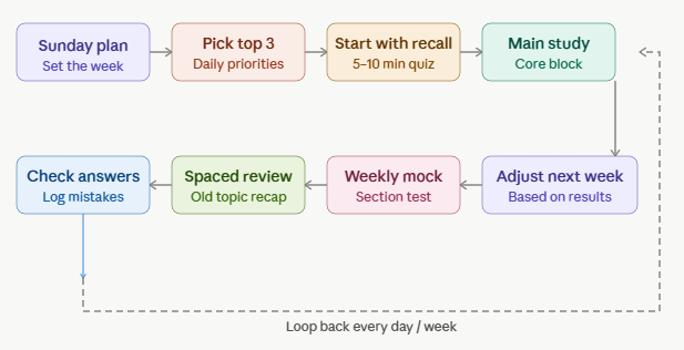 Flow diagram of a repeating study loop: Sunday plan sets the week, pick the top three daily priorities, start with a 5 to 10 minute recall quiz, do the main study block, check answers and log mistakes, spaced review of an old topic, a weekly mock section test, then adjust next week based on results and loop back.