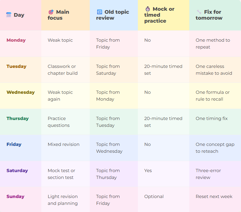 Weekly plan table giving each day a main focus, an older topic to review, whether to do timed practice and one fix for tomorrow: weak topics on Monday and Wednesday, classwork Tuesday, practice questions Thursday, mixed revision Friday, a mock or section test Saturday with a three-error review, and light revision and planning Sunday.