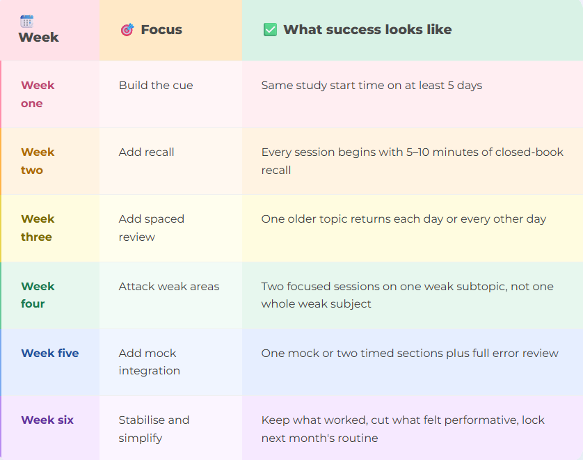 Six-week reset table with a focus and success marker for each week: build the cue with the same start time on at least 5 days, add 5 to 10 minutes of closed-book recall, add spaced review so an older topic returns each day, attack one weak subtopic in two focused sessions, integrate one mock or two timed sections with full error review, then stabilise and simplify next month's routine.